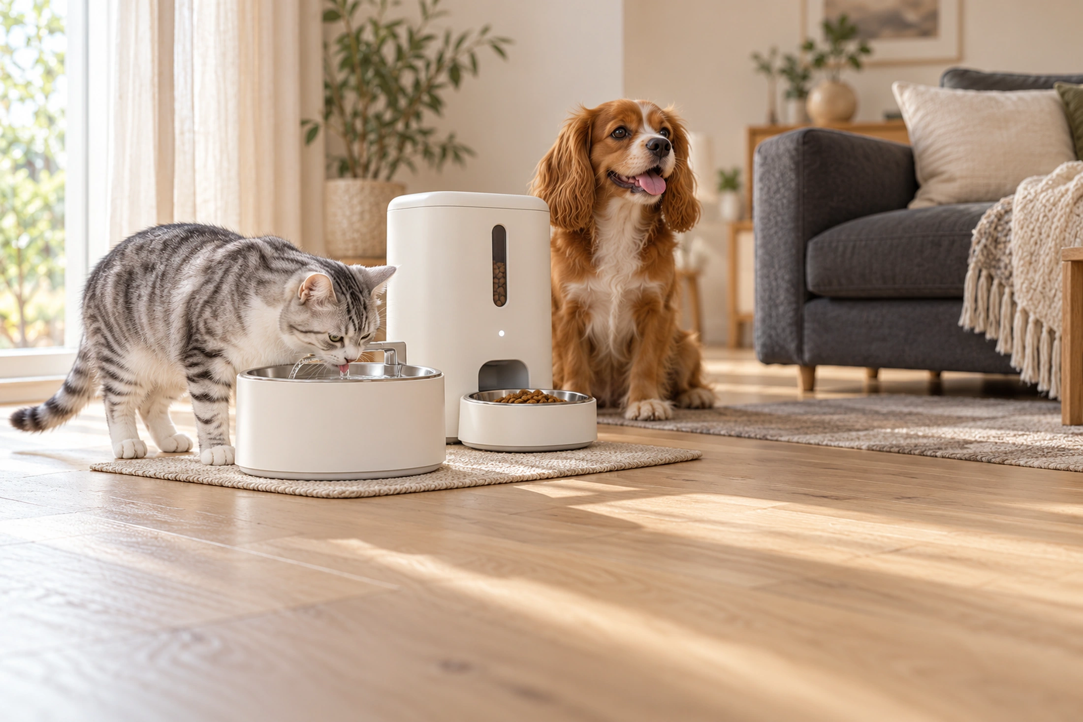 Akıllı mama kabından beslenen kedi ve köpek